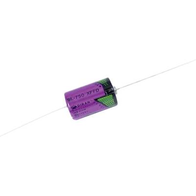 Lilac and green cylindrical capacitor with white connection wires on a white background. Marking 'SL-750 XFFD'.