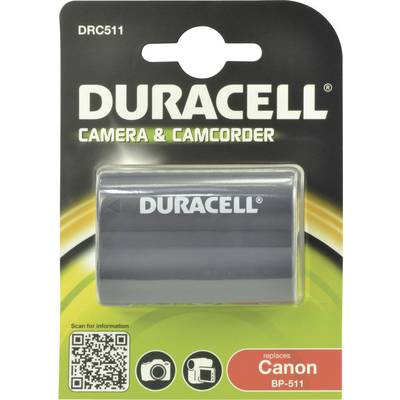 Duracell replacement battery for Canon BP-511 cameras, set against a black and green background, featuring a QR code and camera icons.