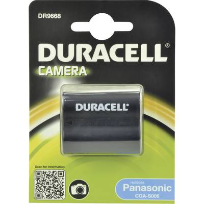 'Duracell Camera Battery DR9668, replaces Panasonic CGA-S006' on black packaging with green accent and QR code in bottom left corner.