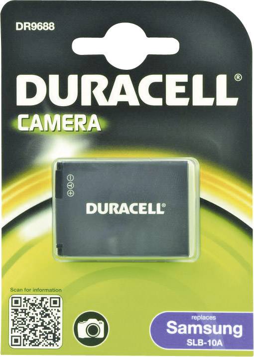 Duracell camera battery pack. Text: 'Replaces Samsung SLB-10A'. Contains QR code. Green background design.