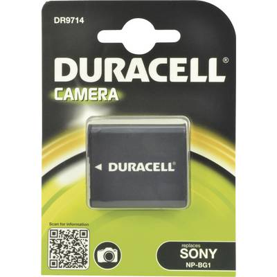 'Duracell' camera battery in packaging, model DR9714, replacing 'Sony NP-BG1'. Packaging in black and green with QR code at bottom left.