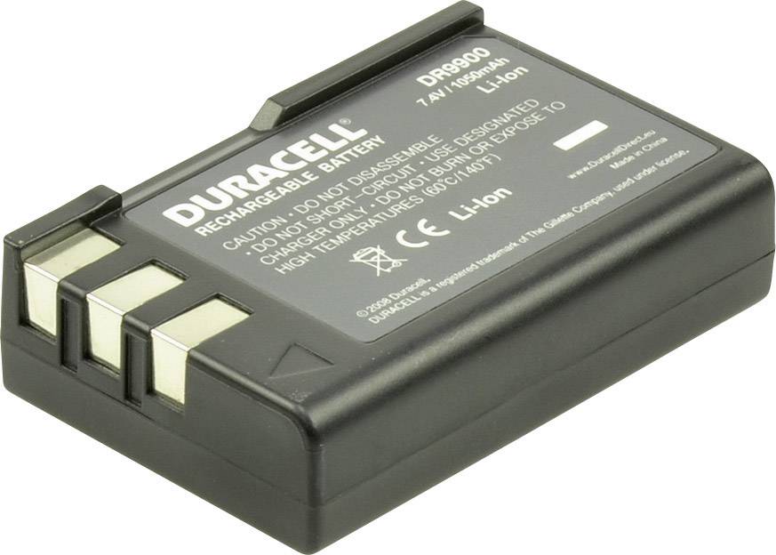 Rechargeable Duracell Battery, Model DR9600, 7.4V, 1050mAh. Black housing with printed specifications and safety precautions.