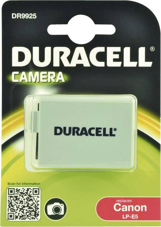 Duracell Camera Battery in Packaging, Replacing Canon LP-E5, with QR Code Bottom Left.
