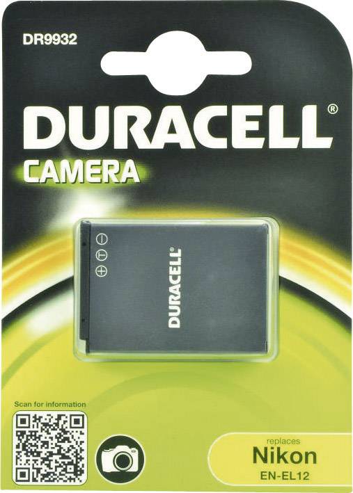 Battery in packaging with the label 'Duracell Camera'. Note on model: replaces Nikon EN-EL12. Packaging contains QR code.