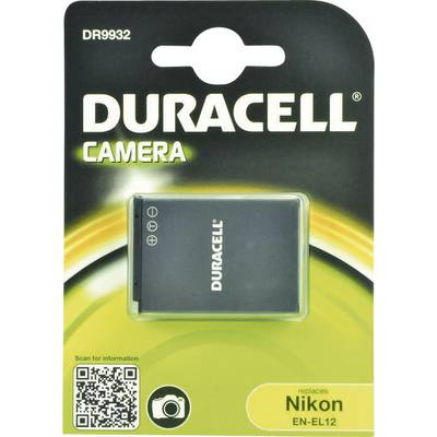 Battery in packaging with the label 'Duracell Camera'. Note on model: replaces Nikon EN-EL12. Packaging contains QR code.