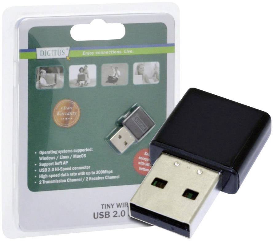 USB 2.0 WLAN Adapter in Blister Pack. Compatible with Windows, Linux, macOS. Includes Installation Software.