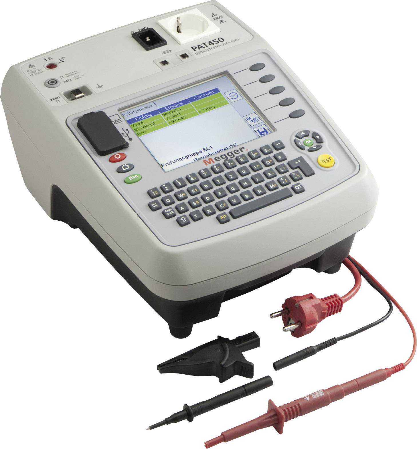 A portable testing device for checking electrical safety. Displays a screen with a keypad and connected test leads.