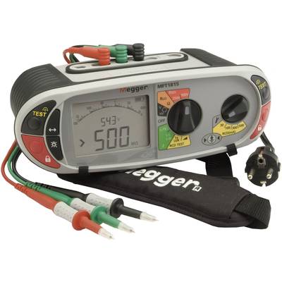 A multifunctional test device with a digital display shows '543' and '500 MΩ'. Colour-coded cables are connected, with the mains cable on the right.