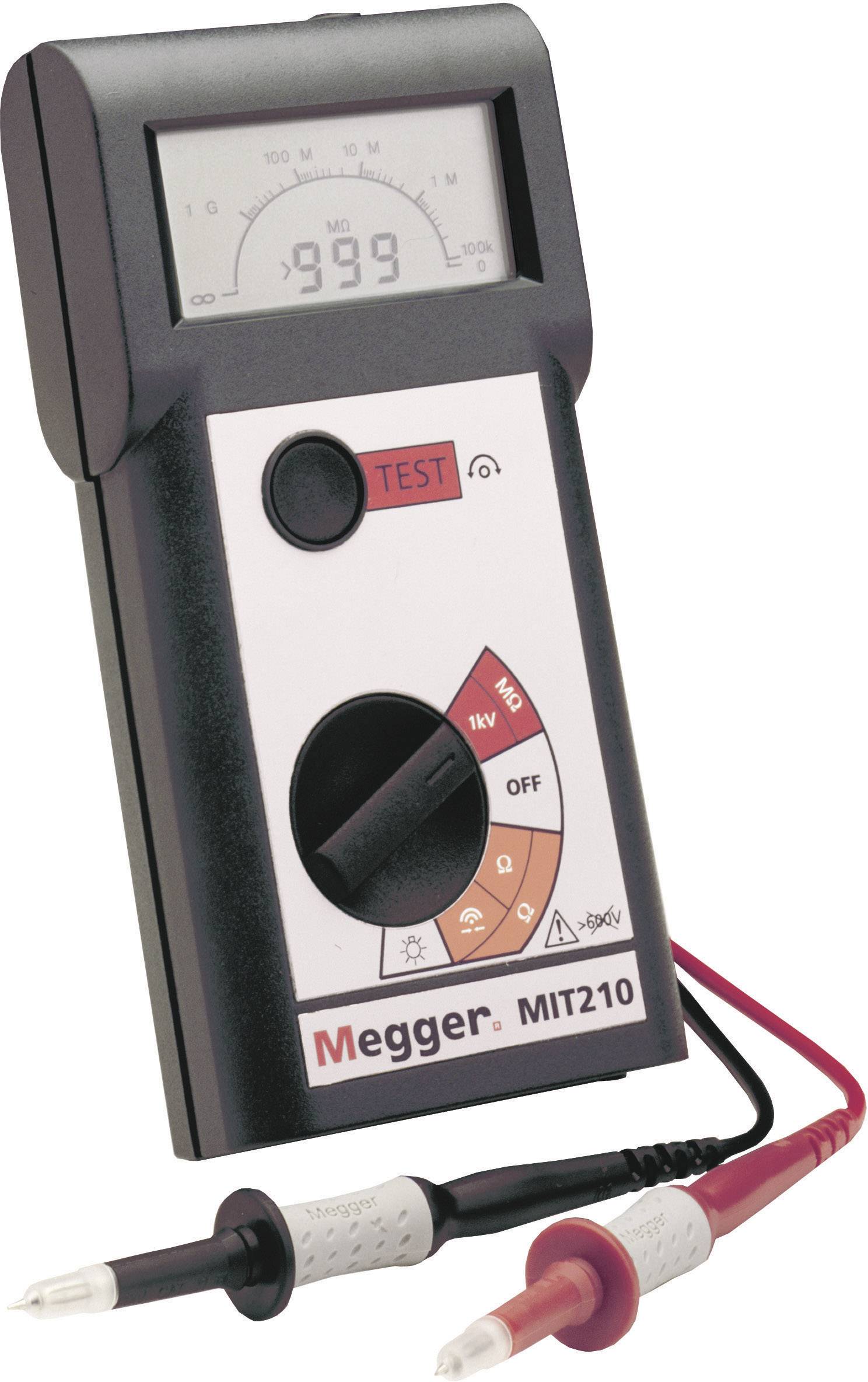 A digital measuring instrument (Megger MIT210) with a test button, rotary switch for various settings, and two measuring cables.