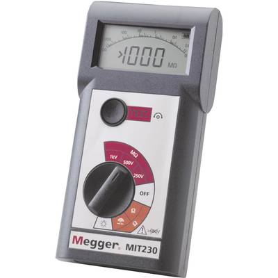 Digital insulation test meter 'Megger MIT230' with rotary switch for voltages 250V to 1000V and display indication in megaohms.
