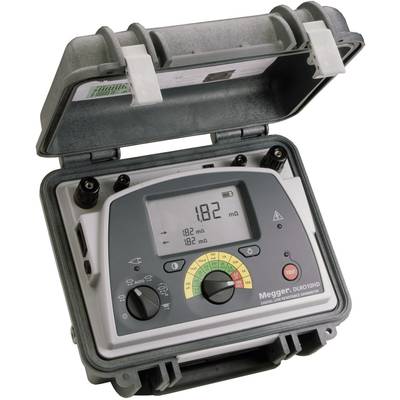An open measurement device case shows a digital display with the reading '182 mΩ'. Rotary knobs and colourful scale adjustments are visible.