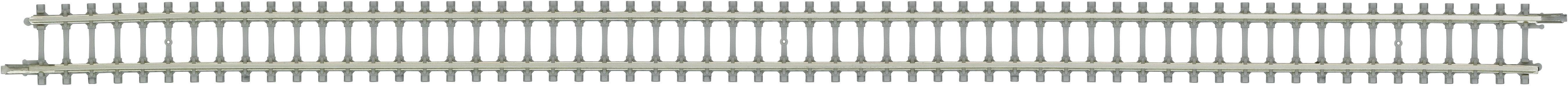 A straight model railway track section made of grey plastic with parallel sleepers, suitable for HO gauge.