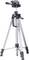 A silver camera tripod with adjustable legs and a swivelling head, suitable for photography and video recording.