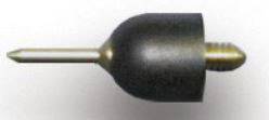 A small metal tool with a round black handle and a pointed tip, side view.