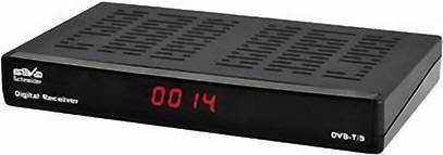 Black digital receiver by Schwaiger with red LED display '0014' on the front, model number OVT-T3.
