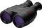 A black pair of binoculars with purple lenses sits on a white surface. It displays technical details and a brand name.