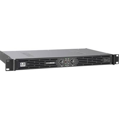 A black LD Systems XS 400 amplifier with multiple buttons and lights on the front panel, suitable for audio amplification in equipment racks.