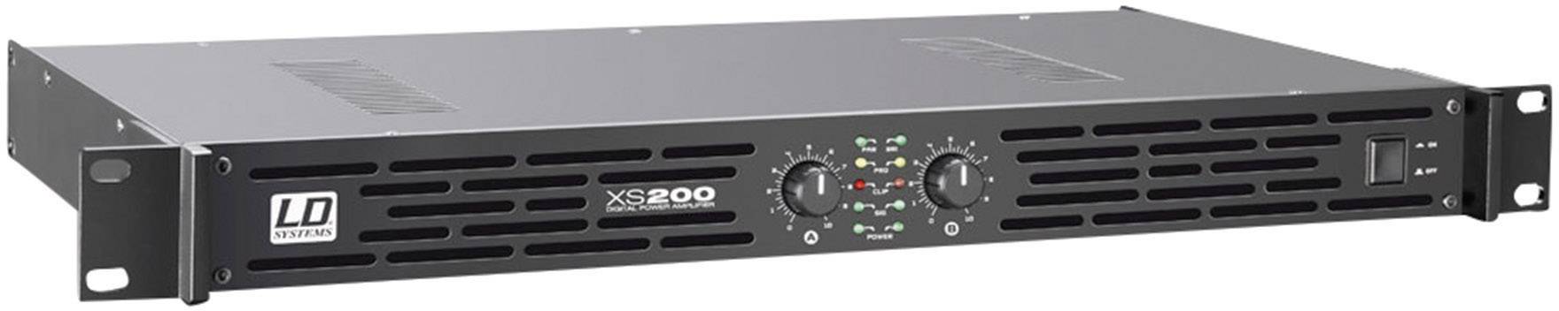 An LD Systems amplifier, model XS 200, in black. The front panel displays level and status indicators along with control elements.