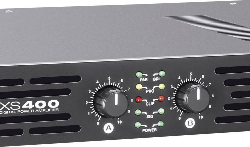Grey digital amplifier with the label 'XS400', featuring two controls with scales from 1 to 10 and several indicator lights.
