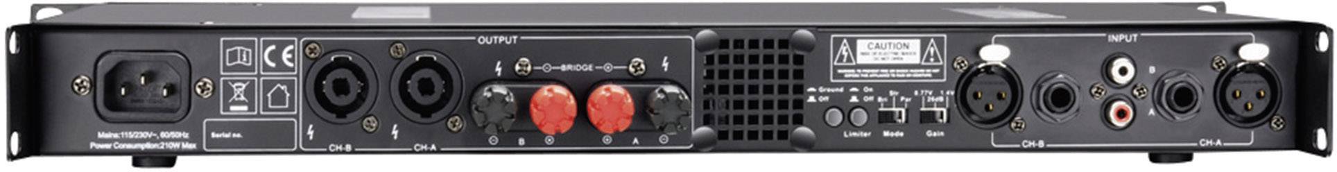 Rear view of an audio amplifier with various connection options: power input, XLR inputs, speaker terminals, RCA inputs.