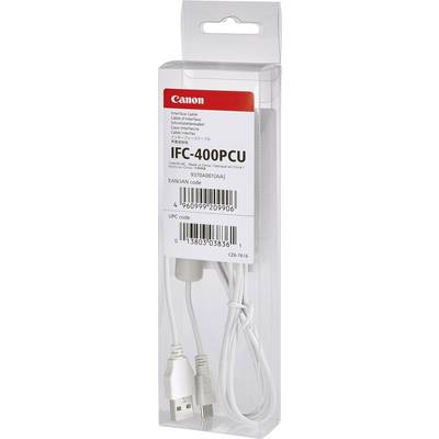 Packaging of a Canon IFC-400PCU interface cable with USB connection. Packaging displays product information and barcodes.