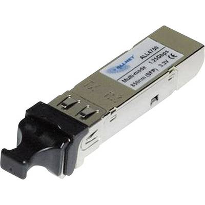 A small form-factor pluggable (SFP) module from a network device, labelled for multimode operation with technical specification for data transmission.