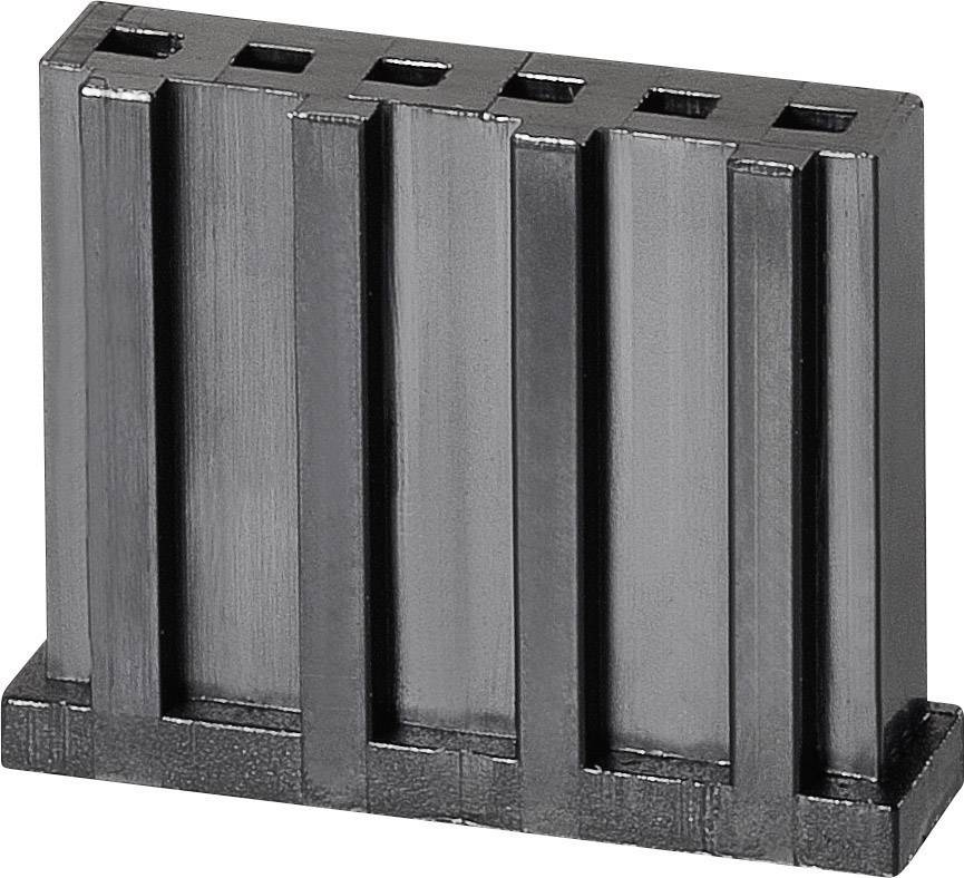 A metallic rectangular component with several vertical notches and five square openings on the top surface.