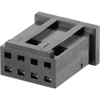 A black plastic socket with six square holes for accommodating pins. Typically used for electronic connections.