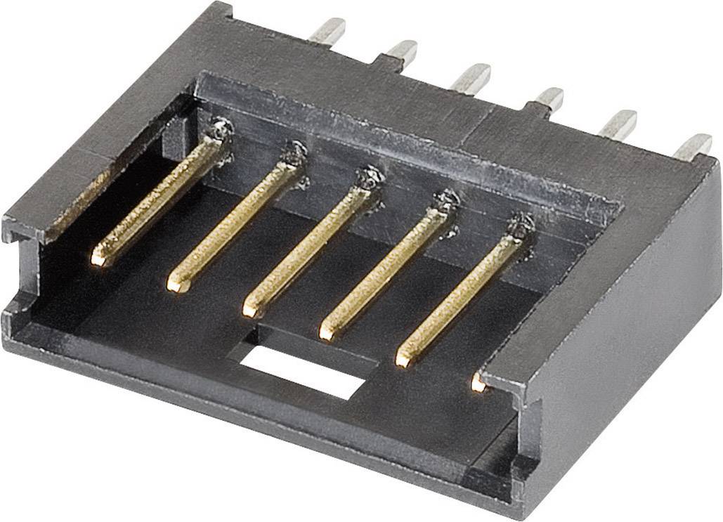 A black plastic connector with five metallic pins that appear golden in colour. Used for electronic connections.