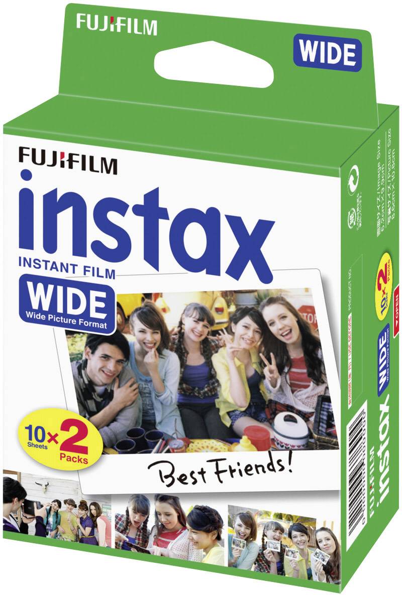 A pack of Fujifilm Instax Wide instant film with 'Best Friends!' on the front and an image of five laughing people.