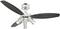 Ceiling fan with three dark blades and two integrated lights in a modern, metallic design.