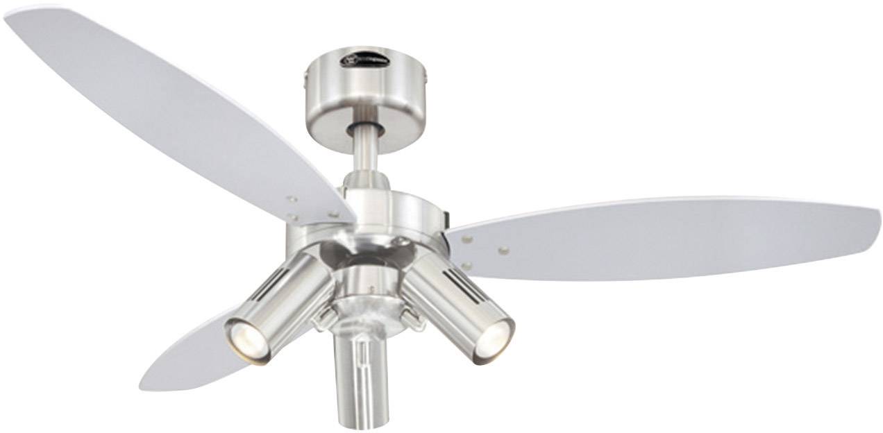 Metallic ceiling fan with three blades and integrated lights, suitable for contemporary living spaces.