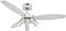 Metallic ceiling fan with three blades and integrated lights, suitable for contemporary living spaces.