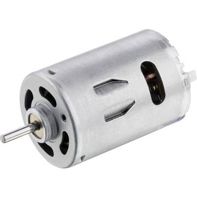 Small electric motor with a cylindrical metal casing and visible shaft; commonly used in toys and electrical appliances.