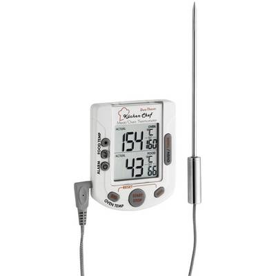 Oven thermometer with digital display shows 154 °C and 43 °C, with a metal probe.
