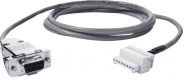 Grey serial cable with nine-pin plug on the left and six-pin plug on the right, used for data transmission.