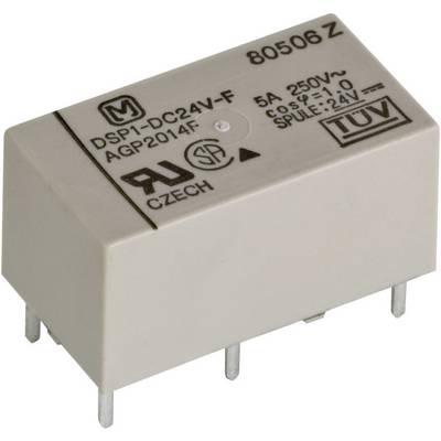 'Rectangular relay with M-TÜV logo, 80506Z, 5A 250V, 24V coil, manufacturer mark, rectangular metal pins at the bottom.'