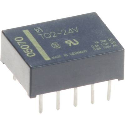 A black electronic relay with the inscription 'TQ2-24V' and specifications such as '1A 30V DC'. Manufactured in Germany.