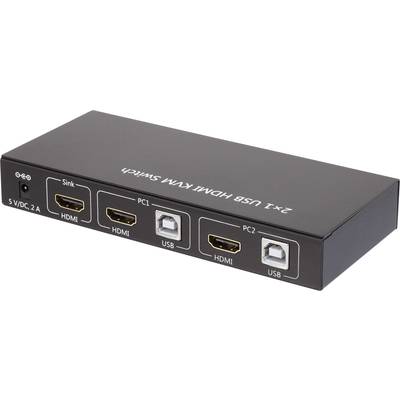 A 2x1 USB HDMI KVM Switch: A black device with HDMI and USB ports for controlling two PCs using a single monitor and keyboard.