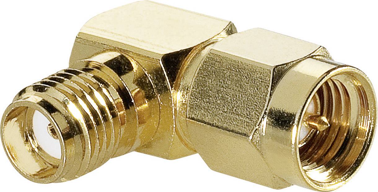 'A golden coaxial adapter with an angled connection, designed for use in high-frequency applications.'