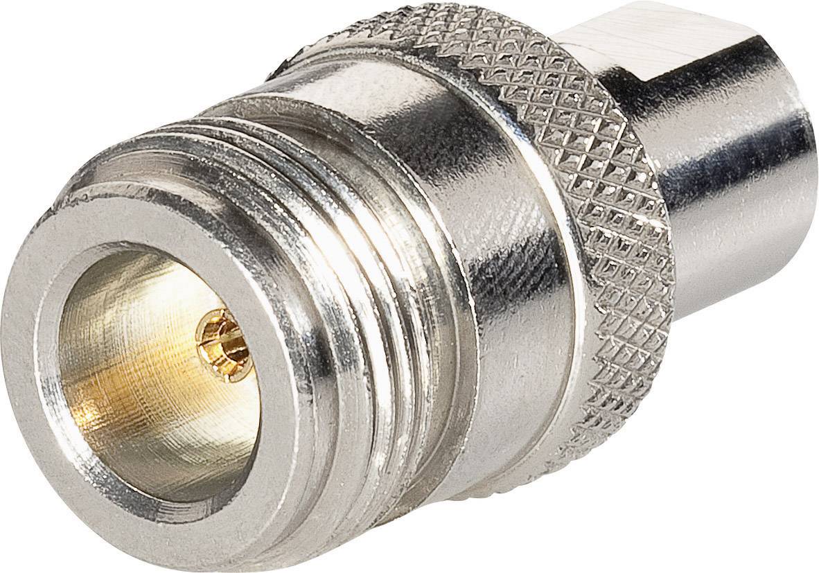A metallic RF coaxial adapter with a male and female end, commonly used for antenna or cable connections.