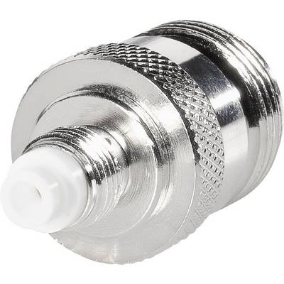 A silver RF connector with a knurled grip and thread, used for coaxial cable connections in telecommunications.
