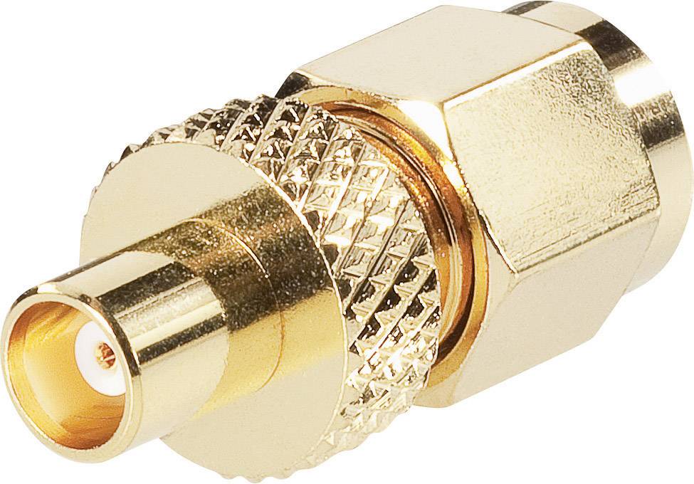 A golden coaxial adapter, suitable for connections in antenna or cable systems, one side with a screw thread.