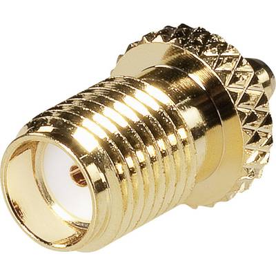 A gold-coloured coaxial plug with a screw thread and knurled exterior for fastening. Primarily used for cable connections.