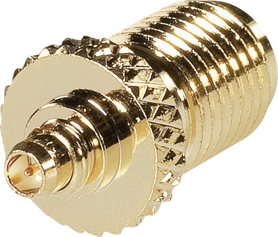 A gold-coloured adapter with a ribbed surface, designed to connect two different electrical connections.