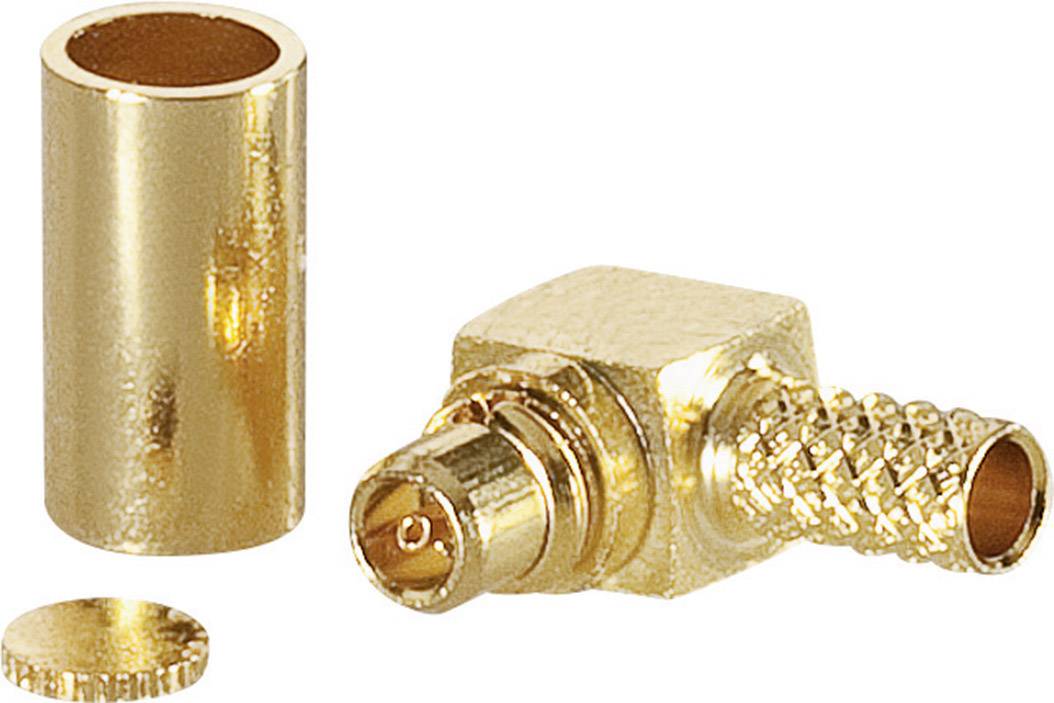 A gold-plated, right-angled coaxial connector, comprising three parts: the plug, a sleeve, and a cover.