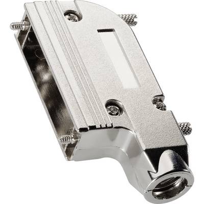 Metal housing for a D-Sub plug, silver-coloured, with mounting screws. It protects the connector.