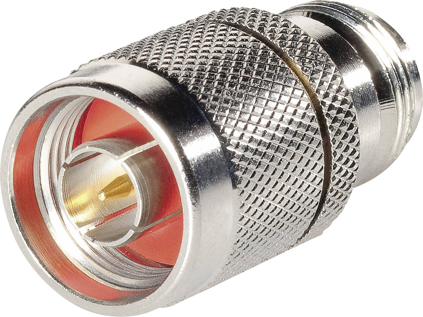 Close-up of a metal adapter with threading, likely a coaxial cable connector. Primarily used for technical applications.