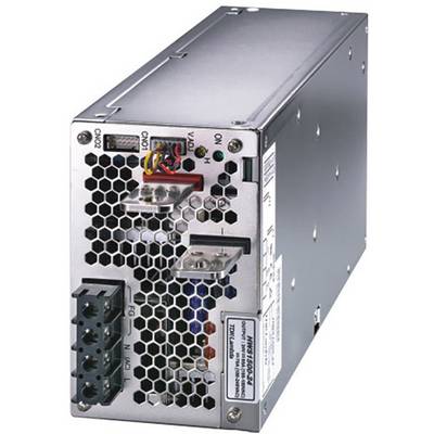 A silver electronic device, likely an industrial power supply, with multiple ports and labels on one side.