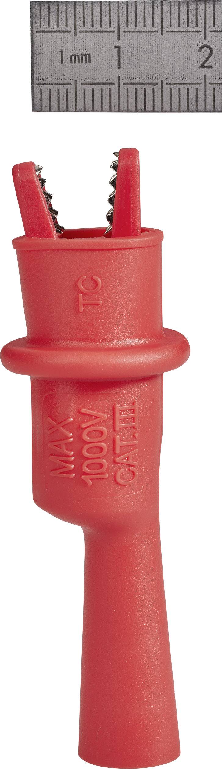Red measuring lead with isolated crocodile clip, next to a ruler with millimetre markings for size comparison. Suitable for 1000V CAT III.